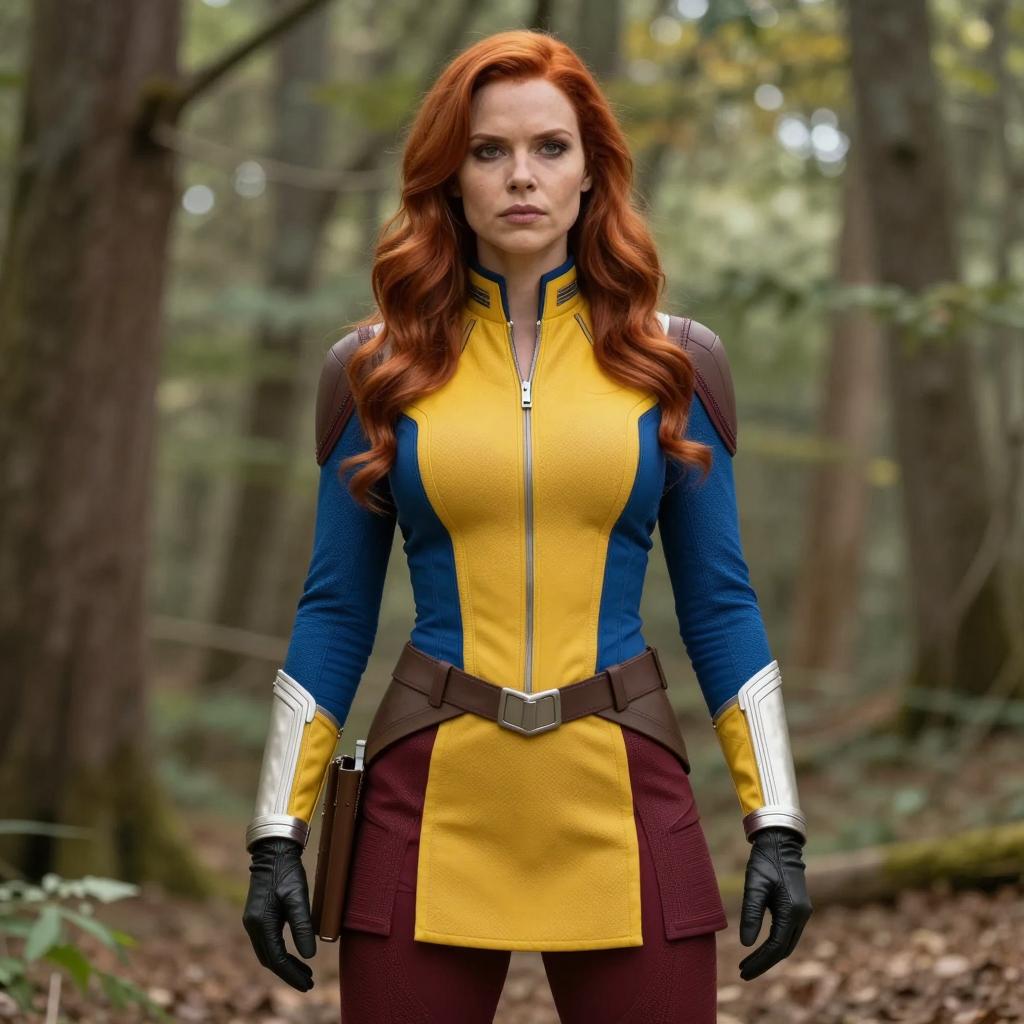 Woman in Futuristic Yellow Blue Costume Standing in Forest