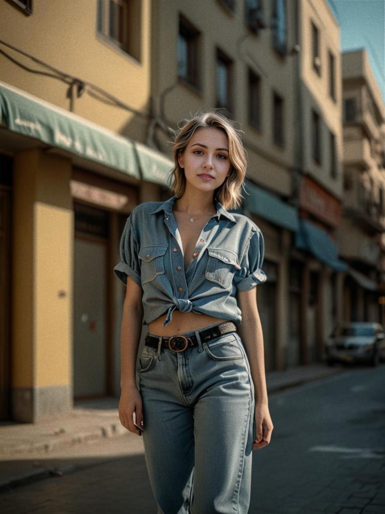 Stylish young woman in trendy denim outfit