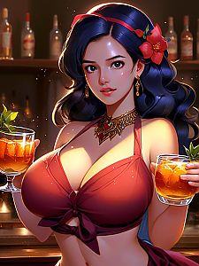 Woman with Dark Hair and Red Flower Headband at a Bar