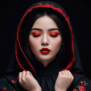 Woman with Red Makeup in Black Hooded Garment