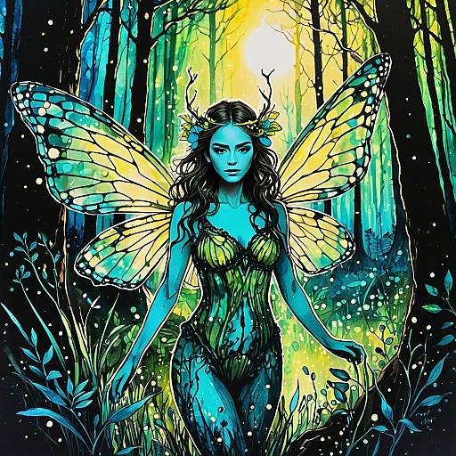 Mystical Woman with Butterfly Wings in Enchanted Forest Digital Art