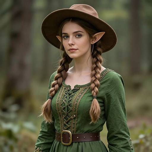 Young Woman in Medieval Green Dress and Elf Ears Forest Portrait