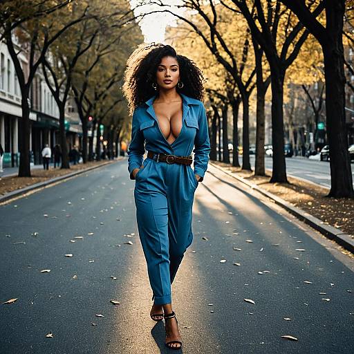 Confident Woman in Blue Jumpsuit Walking on Autumn City Street