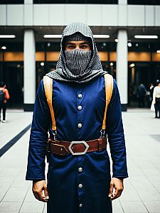 Man in Realistic Ibn La’Ahad Cosplay Costume with Blue Coat and Mask