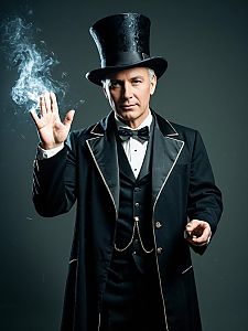 Man in Classic Magician Costume with Top Hat and Magic Smoke