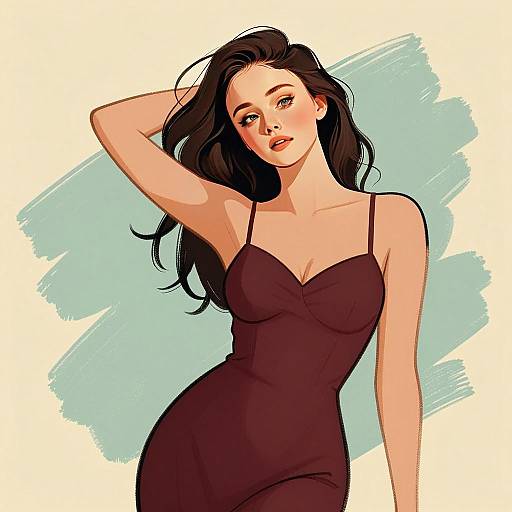Elegant Woman in Dark Maroon Dress Digital Illustration