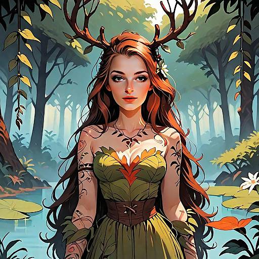 Fantasy Woman with Antlers in Mystical Forest Illustration