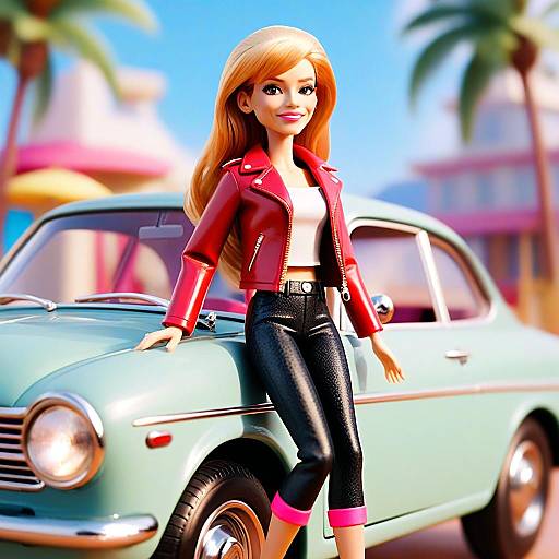 Stylish Woman in Red Jacket Posing by Vintage Car with Palm Trees