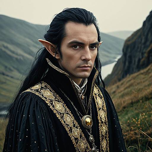 Fantasy Elf Man in Ornate Black and Gold Cloak Amid Mountain Landscape