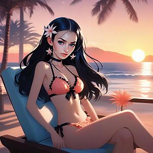 Young Woman with Tropical Flowers at Sunset Beach