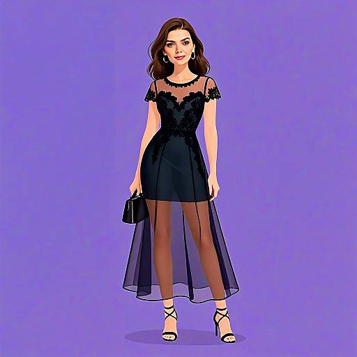 Elegant Sheer Black Mesh Short Sleeve Dress with Fitted Bodice and Flowing A-line Skirt