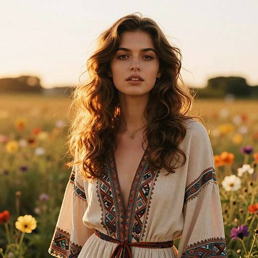 Bohemian Young Woman in Embroidered Dress Standing in Wildflower Field