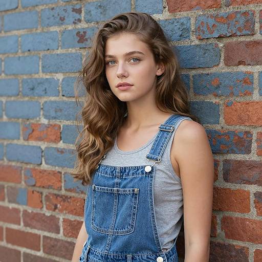 Young Woman in Denim Overalls Leaning on Blue and Red Brick Wall