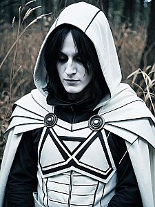Realistic Albedo Cosplay Costume on Man in Hooded Cloak