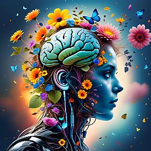 Surreal Woman with Mechanical Body and Nature Elements
