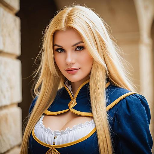 Realistic Aiz Wallenstein Cosplay Portrait with Blonde Hair in Blue Medieval Outfit