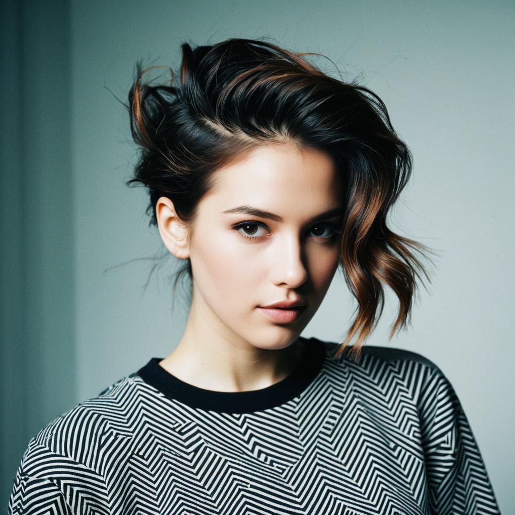 Young Woman with Tousled Short Hair and Geometric Patterned Top