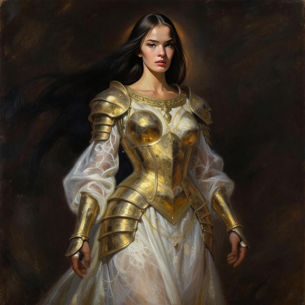 Woman in Golden Armor and Sheer White Gown Realistic Fantasy Portrait
