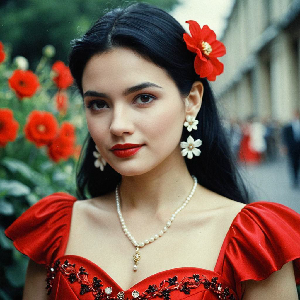 Elegant Woman in Red Dress with Flower