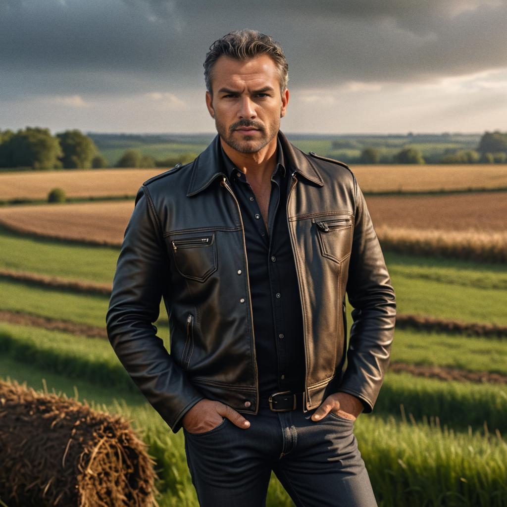 Confident Man in Leather Jacket in Rural Landscape