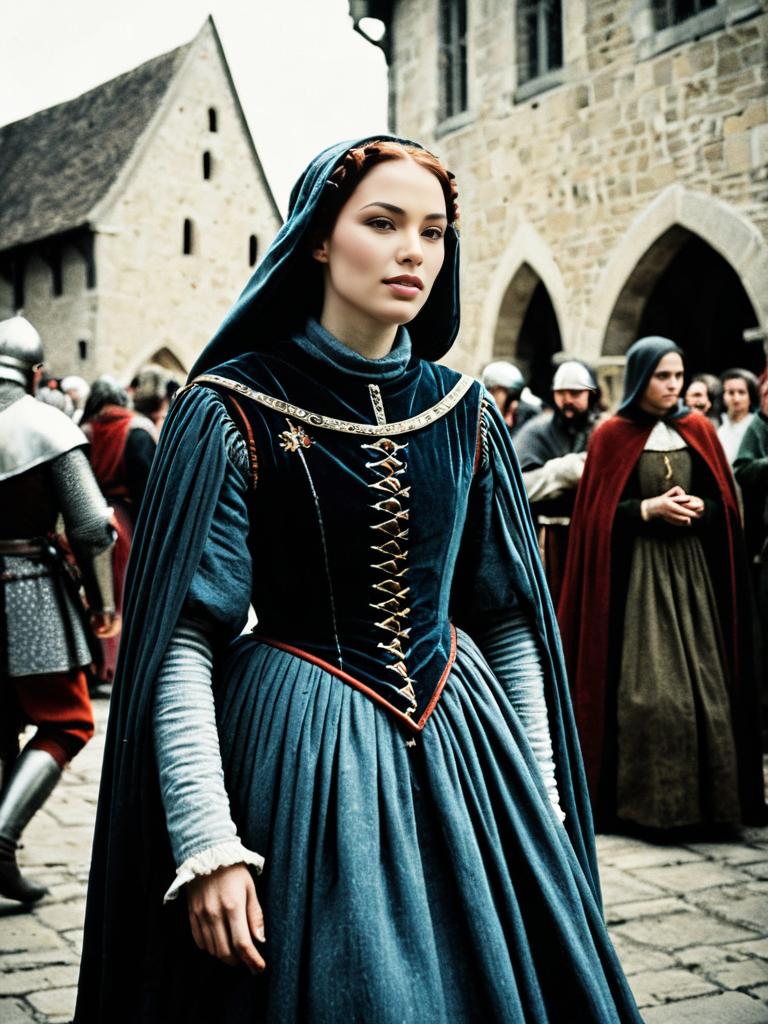 Medieval Woman in Blue Gown with Hood in Historical European Street Scene
