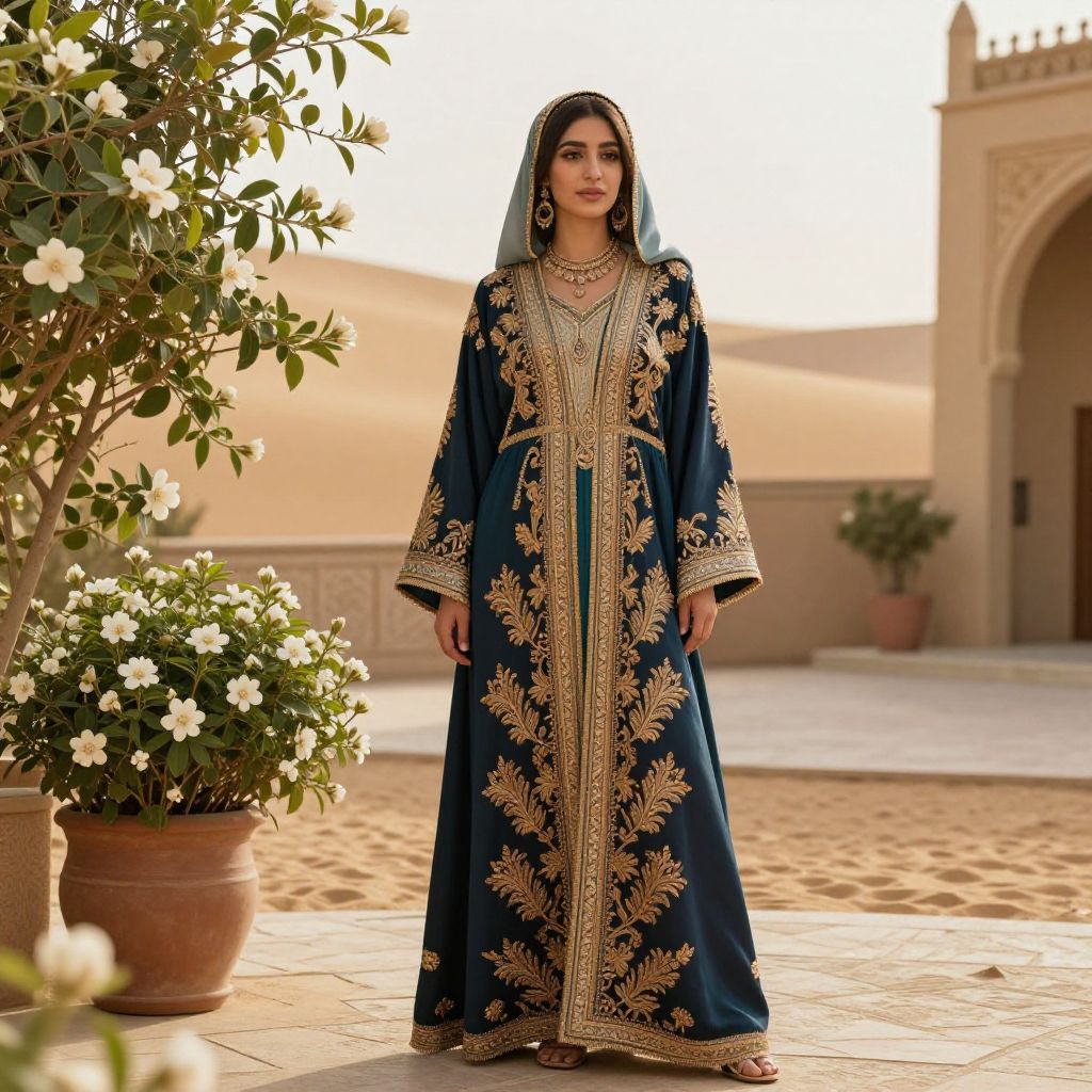 Elegant Traditional Navy Blue and Gold Embroidered Abaya in Desert Courtyard