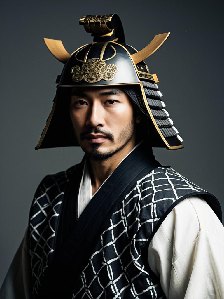 Man Wearing Traditional Samurai Helmet and Black and White Costume