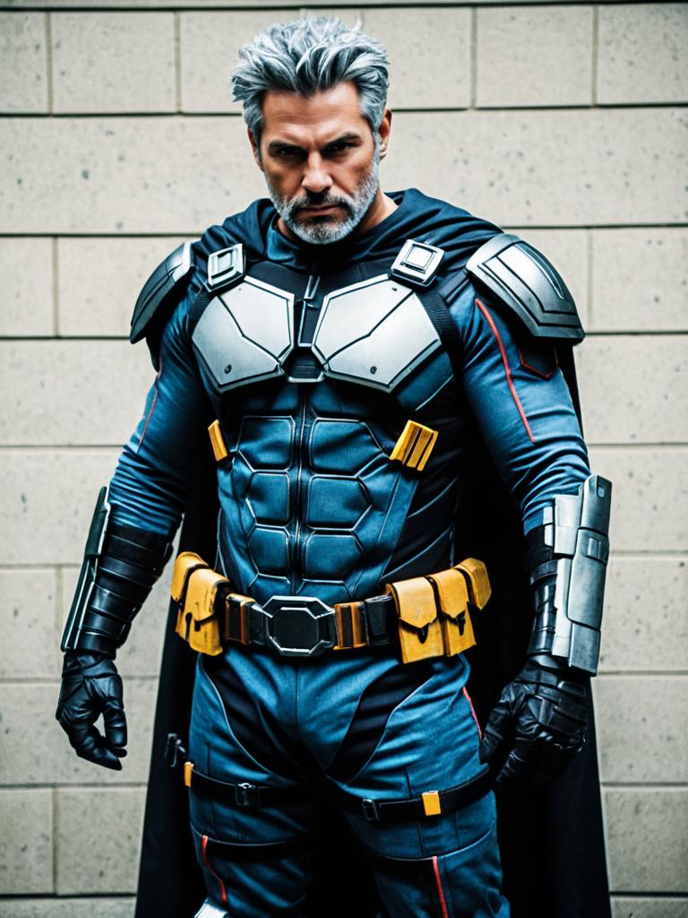 Realistic Cable Cosplay Costume Worn by Man with Silver Hair
