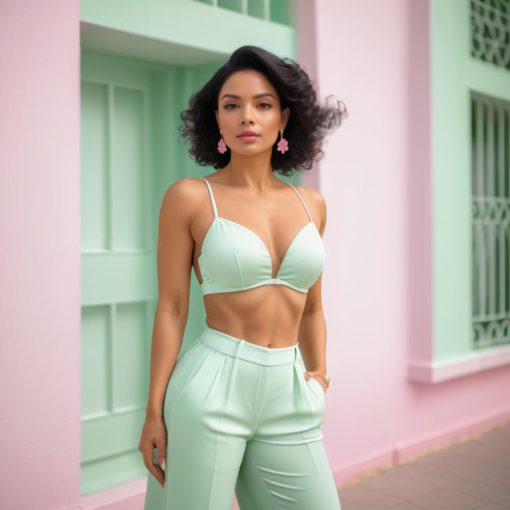 Confident Woman in Mint Green Outfit with Bold Accessories