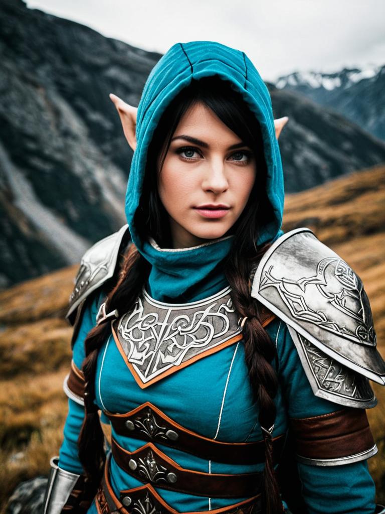 Woman in Fantasy Costume with Teal Hood and Silver Armor