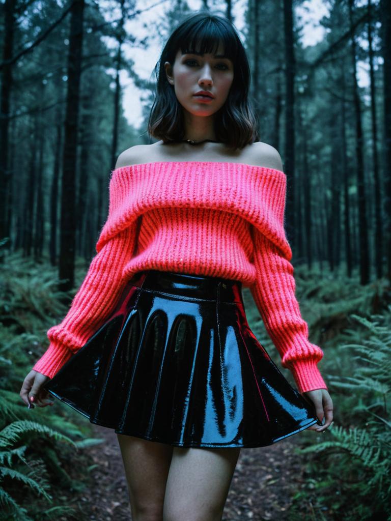 Stylish Woman in Pink Sweater and Black Vinyl Skirt in Forest