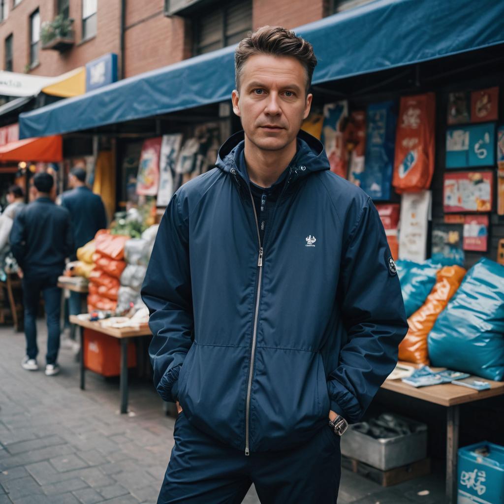 Man in Blue Jacket at Lively Street Market