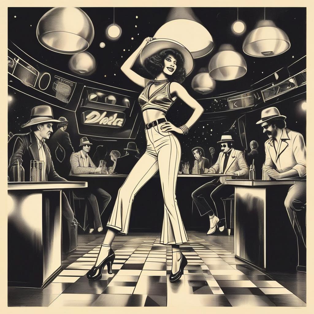 Vintage Disco Club Scene with Dancing Woman and Retro Style