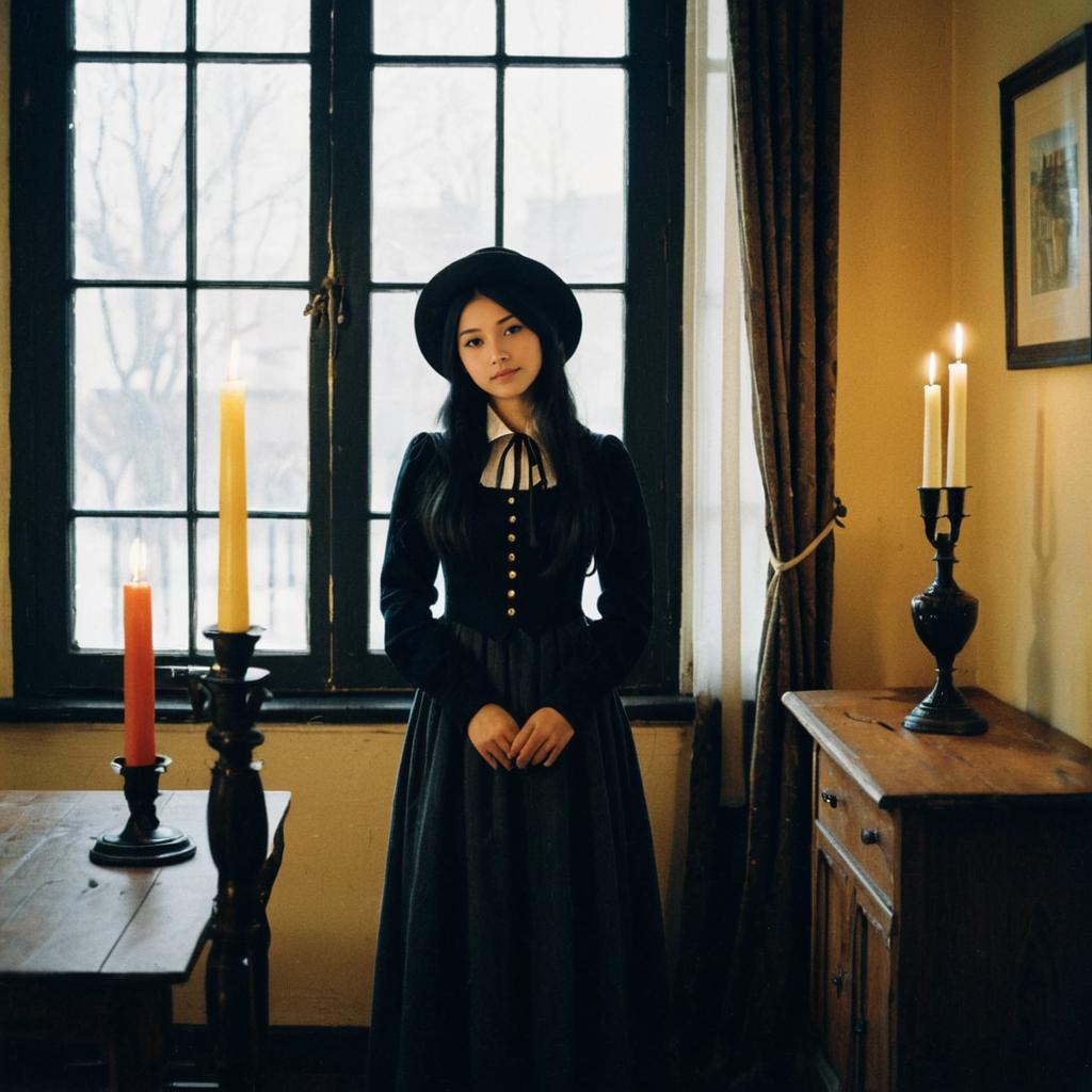Vintage Gothic Woman by Window with Candles