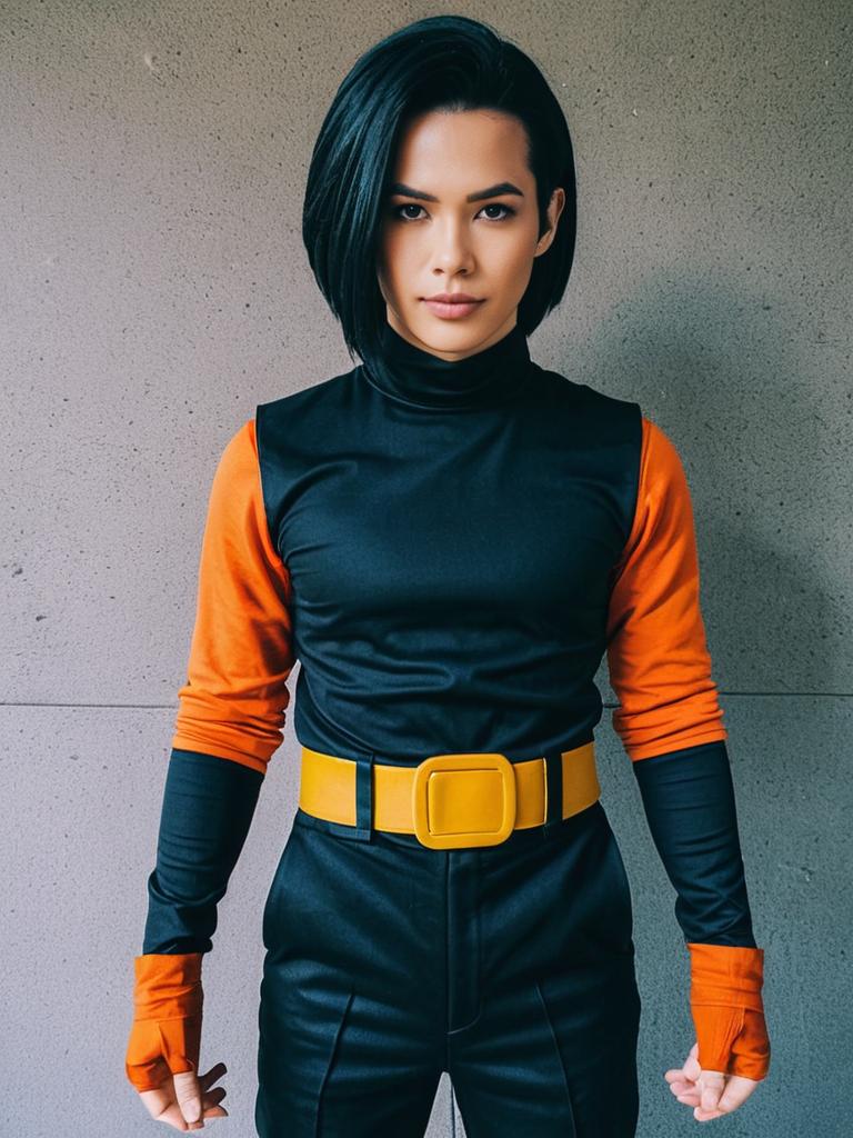 Realistic Android 17 Cosplay Costume Featuring Black and Orange Outfit with Yellow Belt