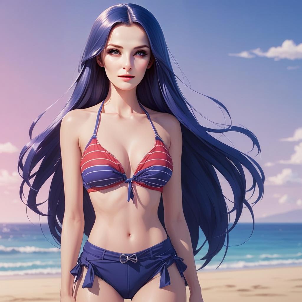 Anime Style Woman in Red and Blue Bikini on Beach Digital Art