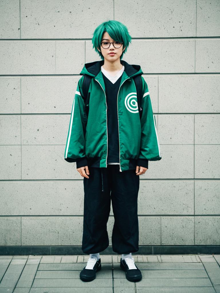 Young Man with Green Hair in Stylish Streetwear Jacket and Black Pants
