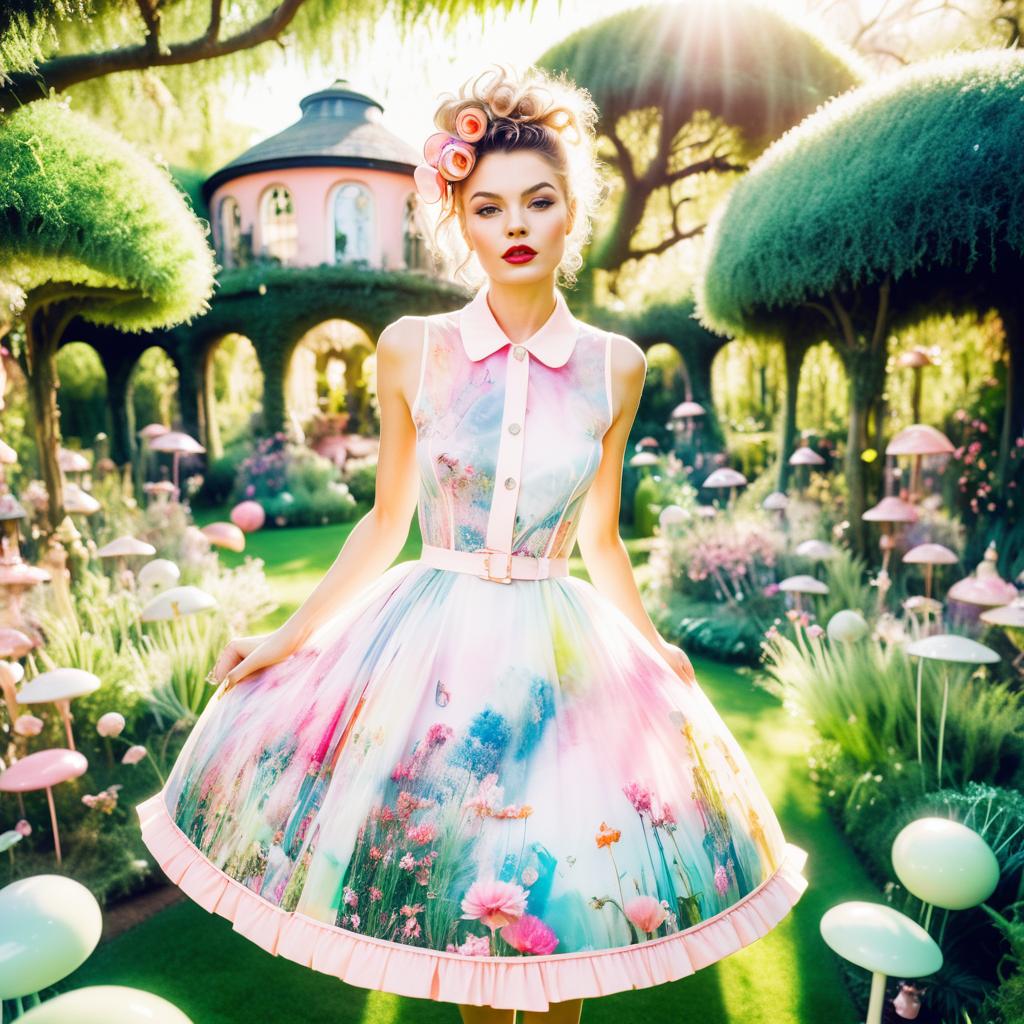 Whimsical Woman in Floral Dress in Magical Garden