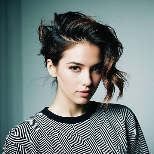 Young Woman with Tousled Short Hair and Geometric Patterned Top