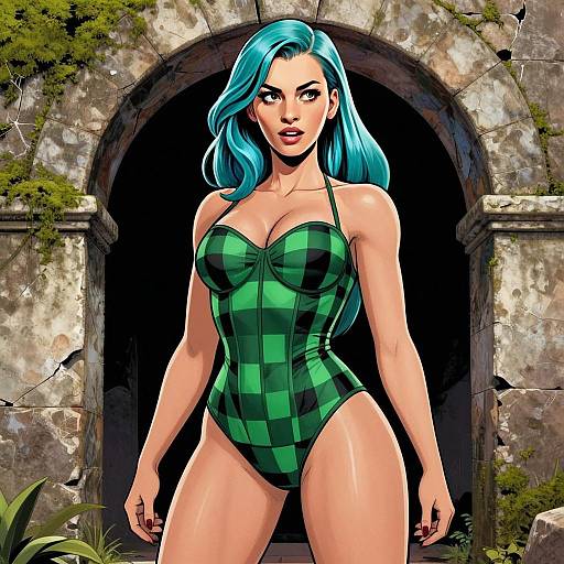 Digital Illustration of Woman in Green Checkered Swimsuit with Teal Hair