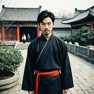 Young Man in Traditional Asian Attire in Historic Courtyard