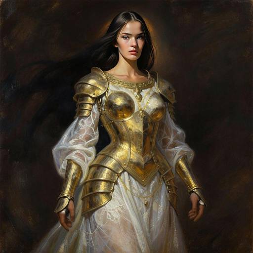 Woman in Golden Armor and Sheer White Gown Realistic Fantasy Portrait