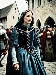 Medieval Woman in Blue Gown with Hood in Historical European Street Scene