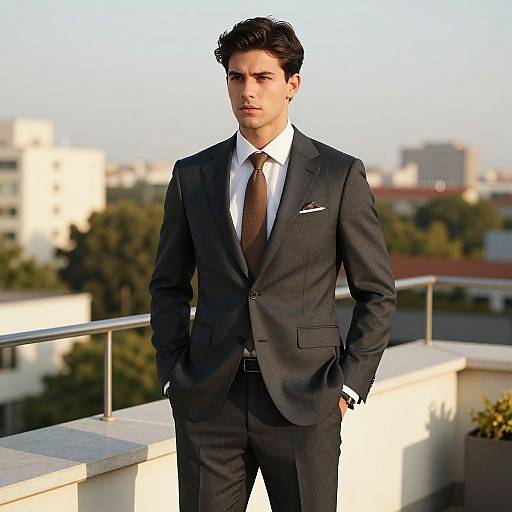 Young Man in Dark Gray Suit Standing on Rooftop Terrace Urban Background