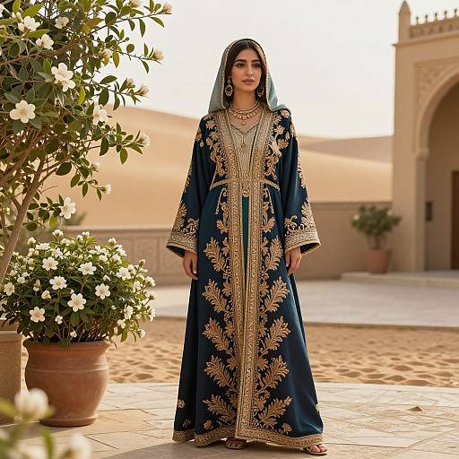Elegant Traditional Navy Blue and Gold Embroidered Abaya in Desert Courtyard