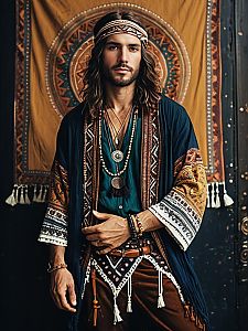Bohemian Style Man Fashion Portrait with Layered Accessories and Detailed Embroidery