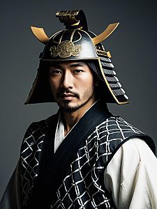 Man Wearing Traditional Samurai Helmet and Black and White Costume