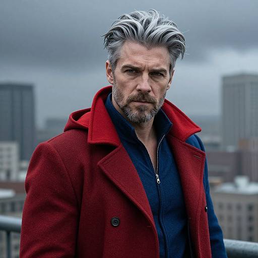 Mature Man with Silver Hair in Stylish Red Coat Outdoor Urban Portrait