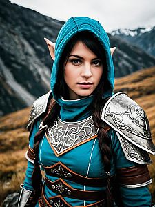Woman in Fantasy Costume with Teal Hood and Silver Armor