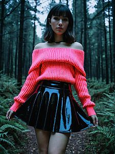 Stylish Woman in Pink Sweater and Black Vinyl Skirt in Forest